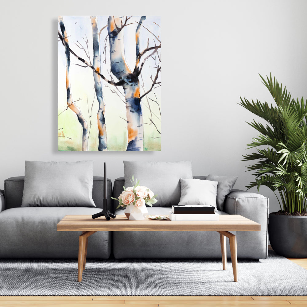 Three Small Birch Trees - Blue Landscape Canvas for Home Decor