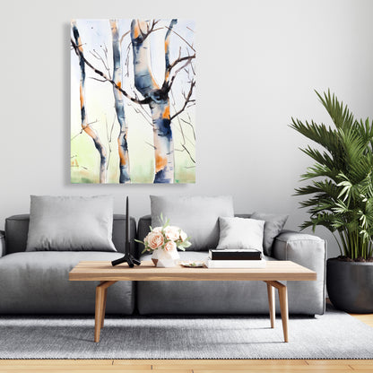 Three Small Birch Trees - Blue Landscape Canvas for Home Decor