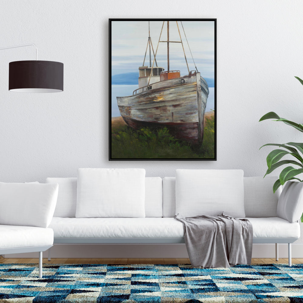 Toile de vieux bateau abandonné | Décoration murale encadrée de bateau bleu