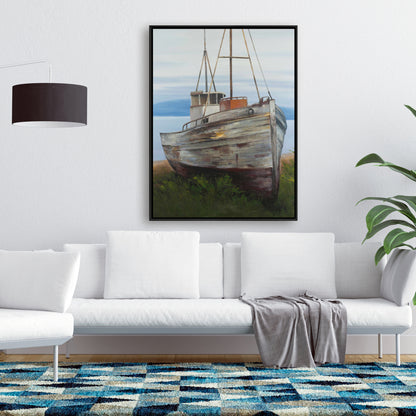 Toile de vieux bateau abandonné | Décoration murale encadrée de bateau bleu