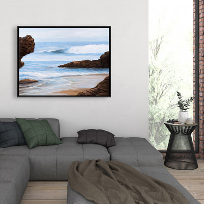 Blue Coastal Bedroom Framed Canvas | Rocks and Seaside Decor