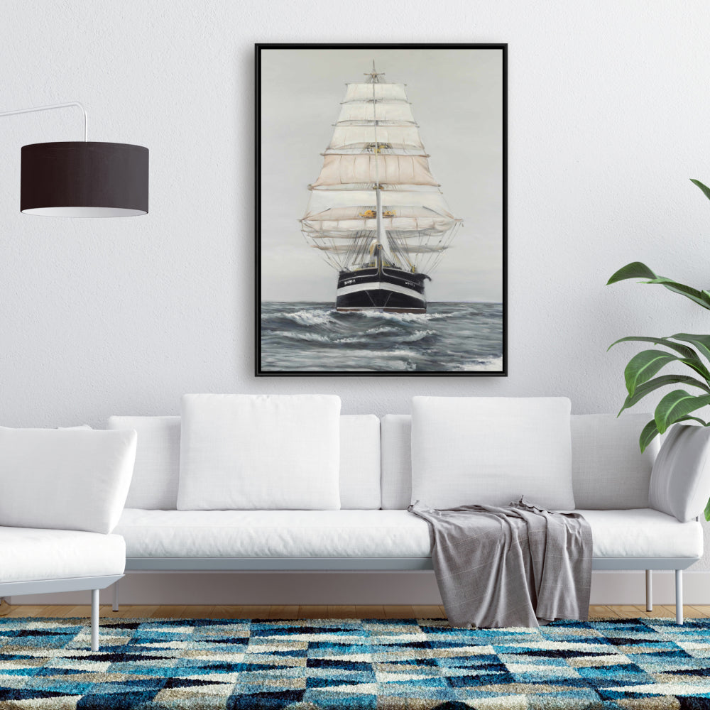 Toile « Navire naviguant doucement » | Cadre blanc | Décoration de chambre bateau