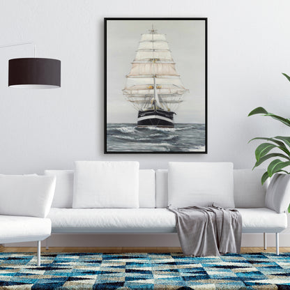 Toile « Navire naviguant doucement » | Cadre blanc | Décoration de chambre bateau