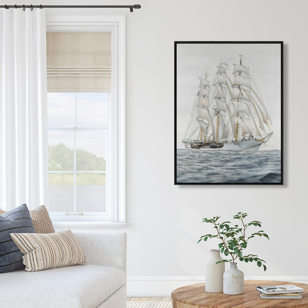 Décoration de chambre côtière | Toile encadrée blanche – Expédier par temps nuageux
