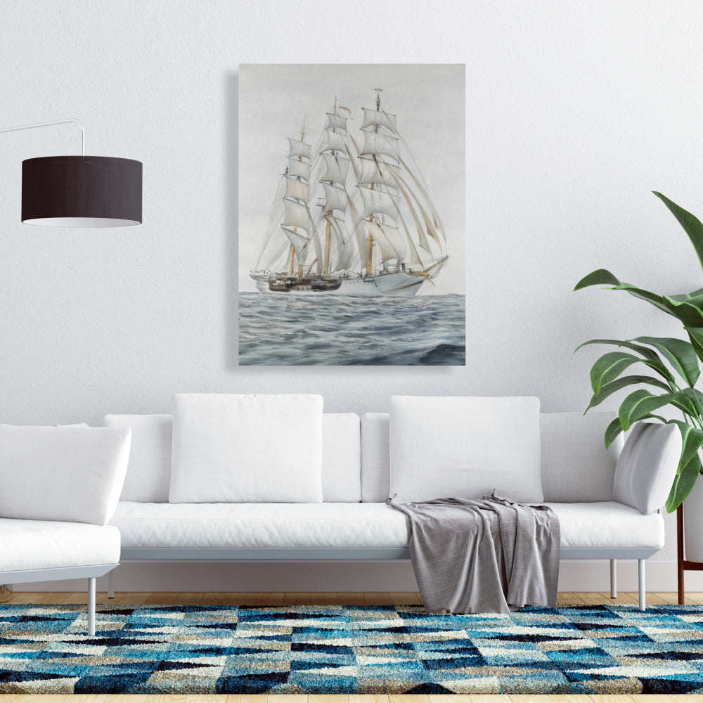 Ship by a Cloudy Day - Marine Coastal White Canvas Decor