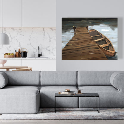 Coastal White Canvas - Lake, Dock and Boat | Home Decor