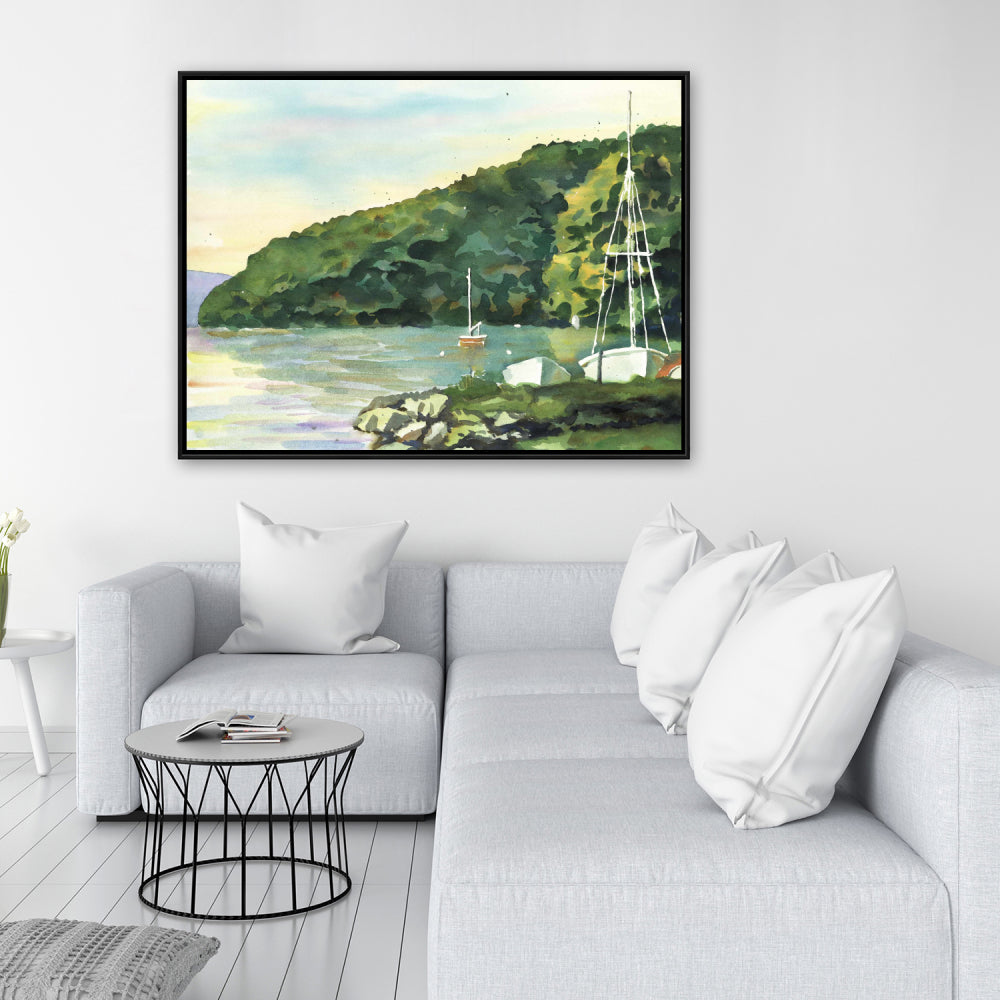 Sailboat Day Green Coastal Canvas | Home Decor Framed Art