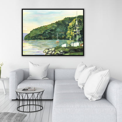 Sailboat Day Green Coastal Canvas | Home Decor Framed Art