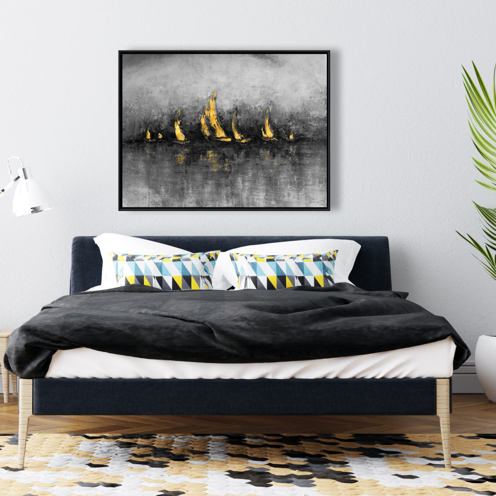 Toile de voiliers dorés | Décoration murale abstraite moderne pour chambre à coucher