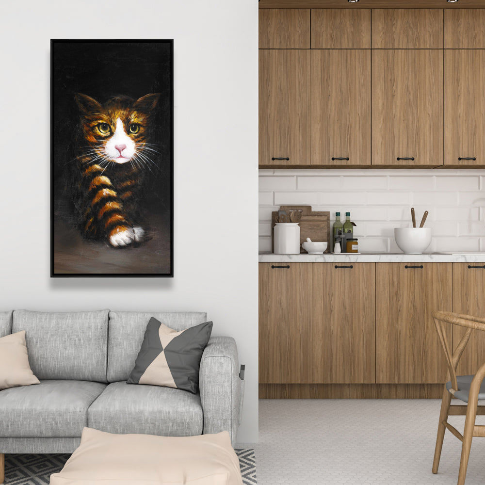 Toile encadrée blanche moderne – Décoration d'intérieur discrète avec chat