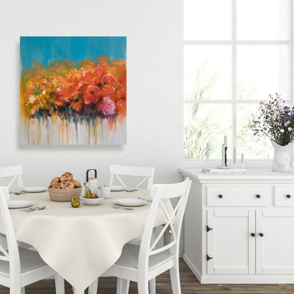 Orange Flowers Canvas - Blue Bathroom Home Decor Art