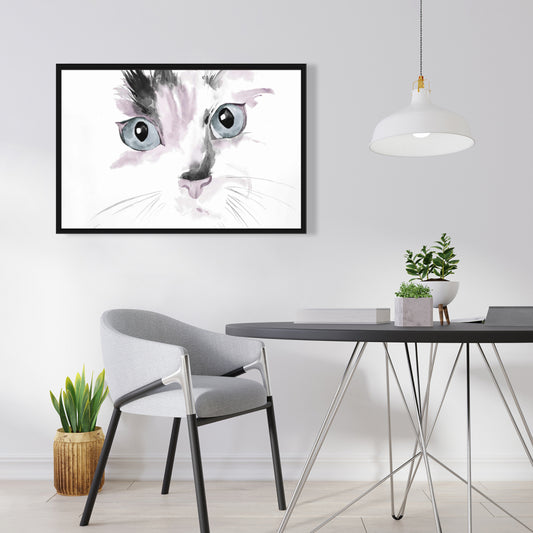 Toile aquarelle « Chat en gros plan » | Cadre bleu pour décoration d'intérieur