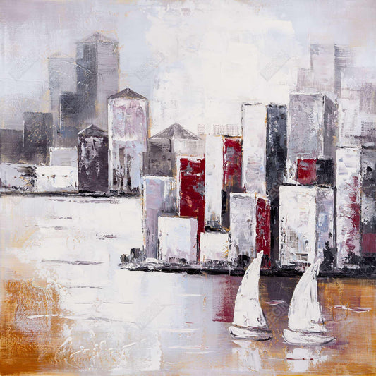 Toile encadrée grise « Voiliers et ville urbaine » - Décoration d'intérieur