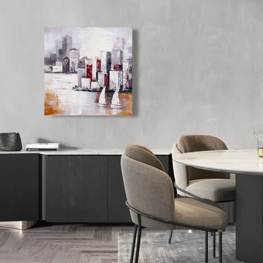Toile « Voiliers et ville urbaine » - Décoration d'intérieur industrielle grise