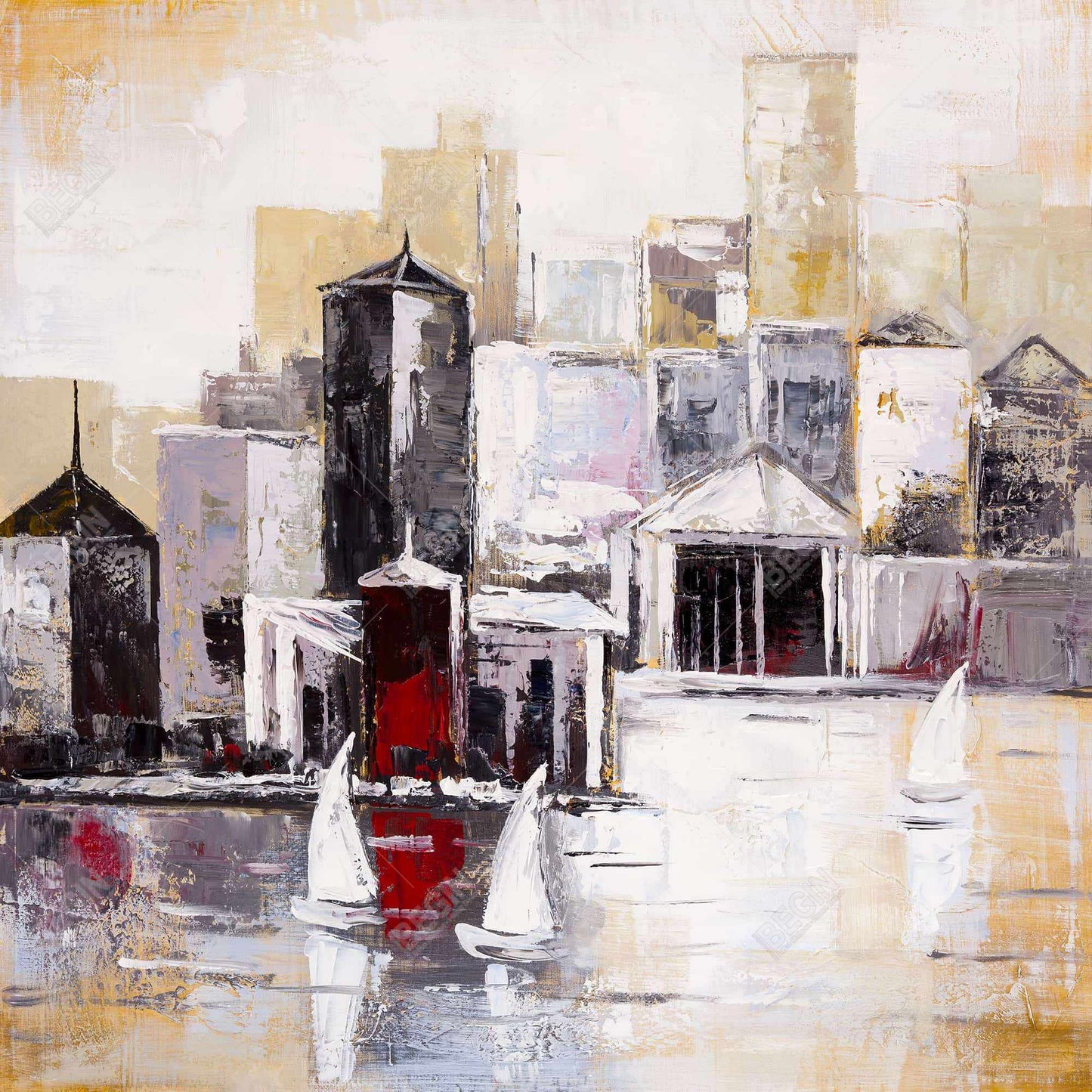 Three Sailboats Near the City Canvas - Home Decor Wall Art