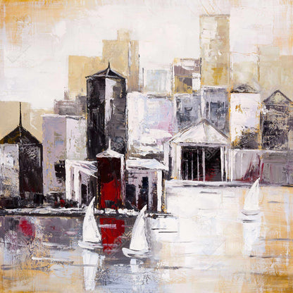 Three Sailboats Near the City Canvas - Home Decor Wall Art