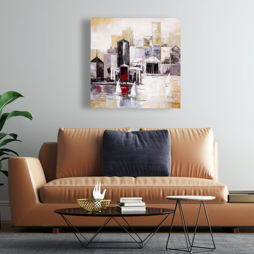 Three Sailboats Near the City Canvas - Home Decor Wall Art