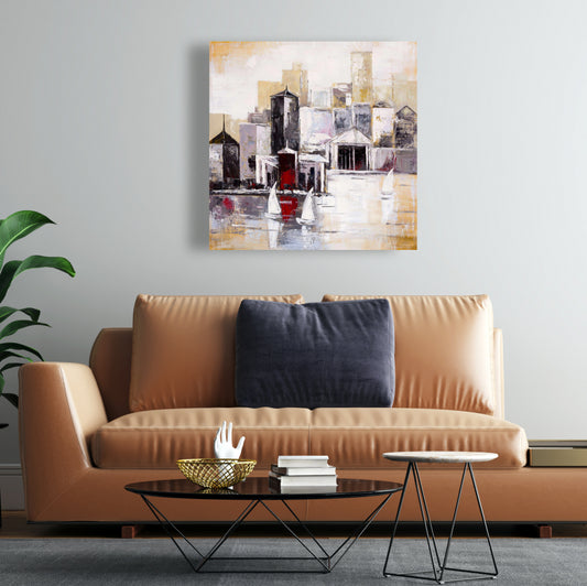 Three Sailboats Near the City Canvas - Home Decor Wall Art