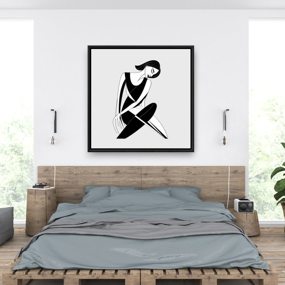 Sitting Woman Framed Canvas - White Bedroom Shapes Decor