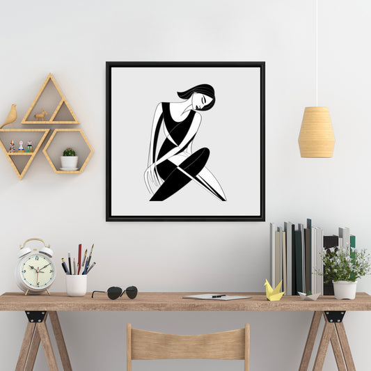 Sitting Woman Framed Canvas - White Bedroom Shapes Decor