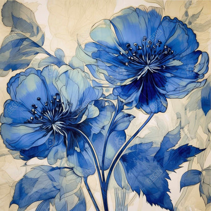 Marine Flowers | Blue Contemporary Framed Canvas for Bedroom
