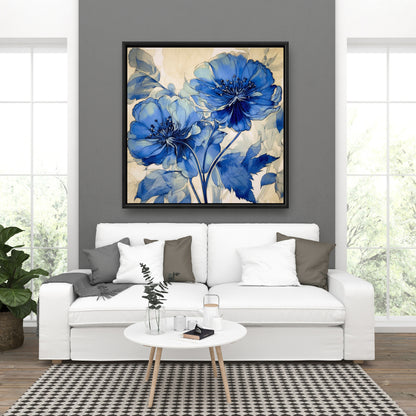 Marine Flowers | Blue Contemporary Framed Canvas for Bedroom