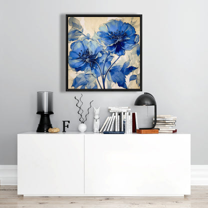 Marine Flowers | Blue Contemporary Framed Canvas for Bedroom