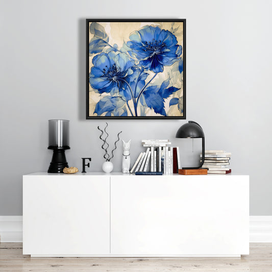 Marine Flowers | Blue Contemporary Framed Canvas for Bedroom