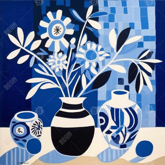 Blue Vases Abstract Canvas | Framed Wall Art for Bedroom Decor