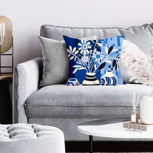 Abstract Blue Flowers Pillow - Blue Vases Home Decor Pillow