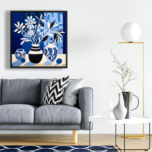 Blue Vases Abstract Canvas | Framed Wall Art for Bedroom Decor