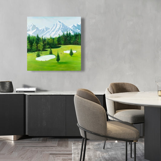 Golf Course with Mountains Canvas | Blue Living Room Decor