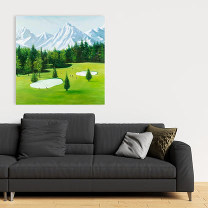Golf Course with Mountains Canvas | Blue Living Room Decor
