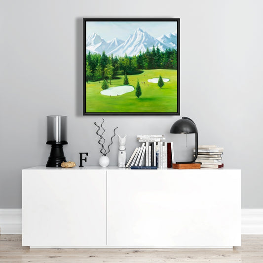 Parcours de golf avec vue sur les montagnes | Toile décorative encadrée bleue