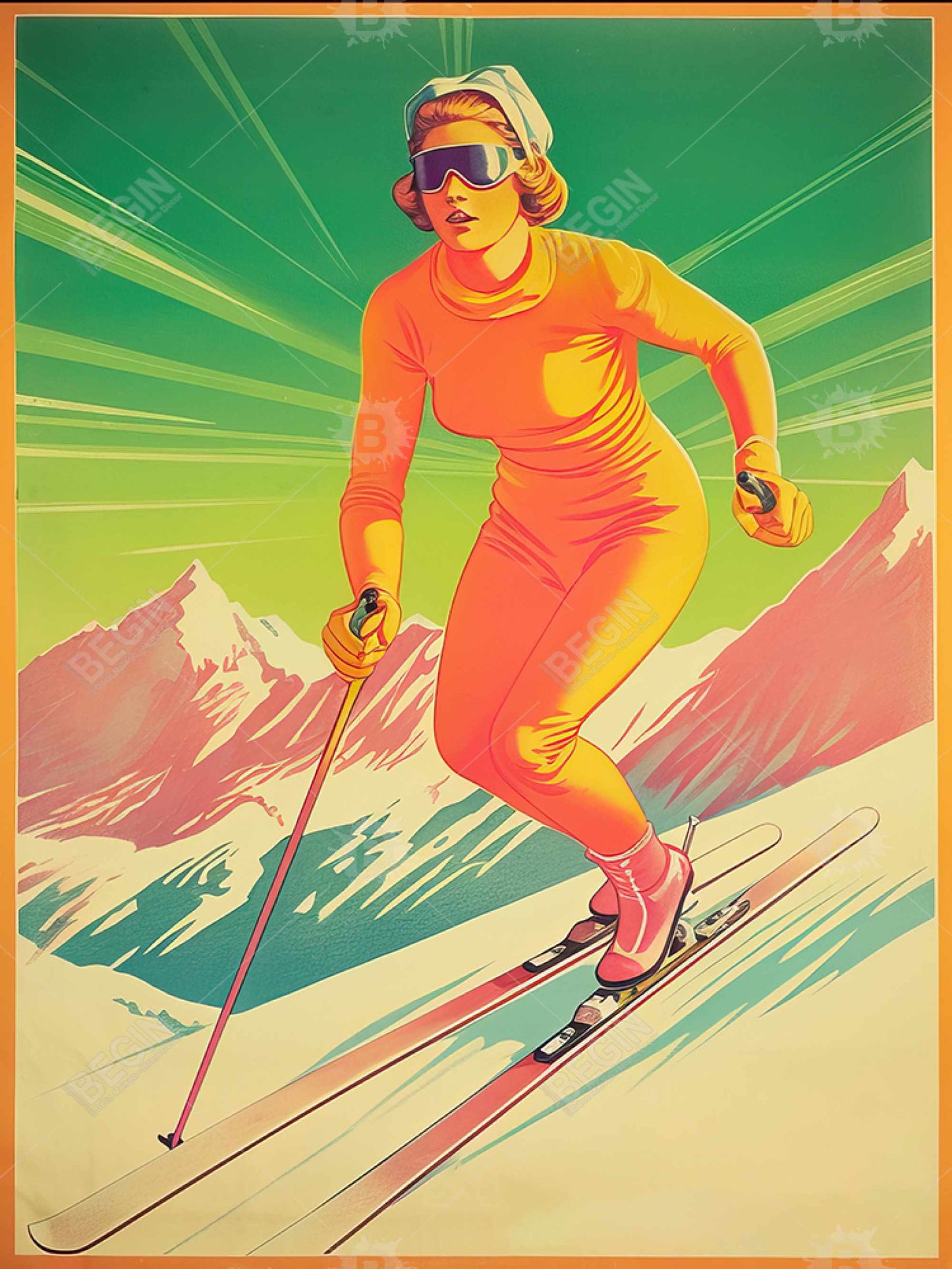 Alpine Skier Vintage White Framed Canvas | Home Decor Art