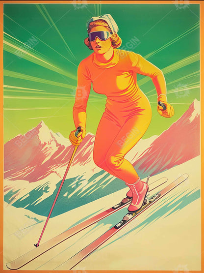 Alpine Skier Vintage White Framed Canvas | Home Decor Art