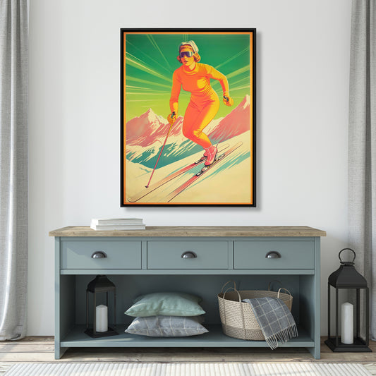 Alpine Skier Vintage White Framed Canvas | Home Decor Art