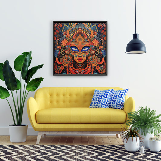 Aztec Face Blue Abstract Canvas | Framed Home Decor Wall Art