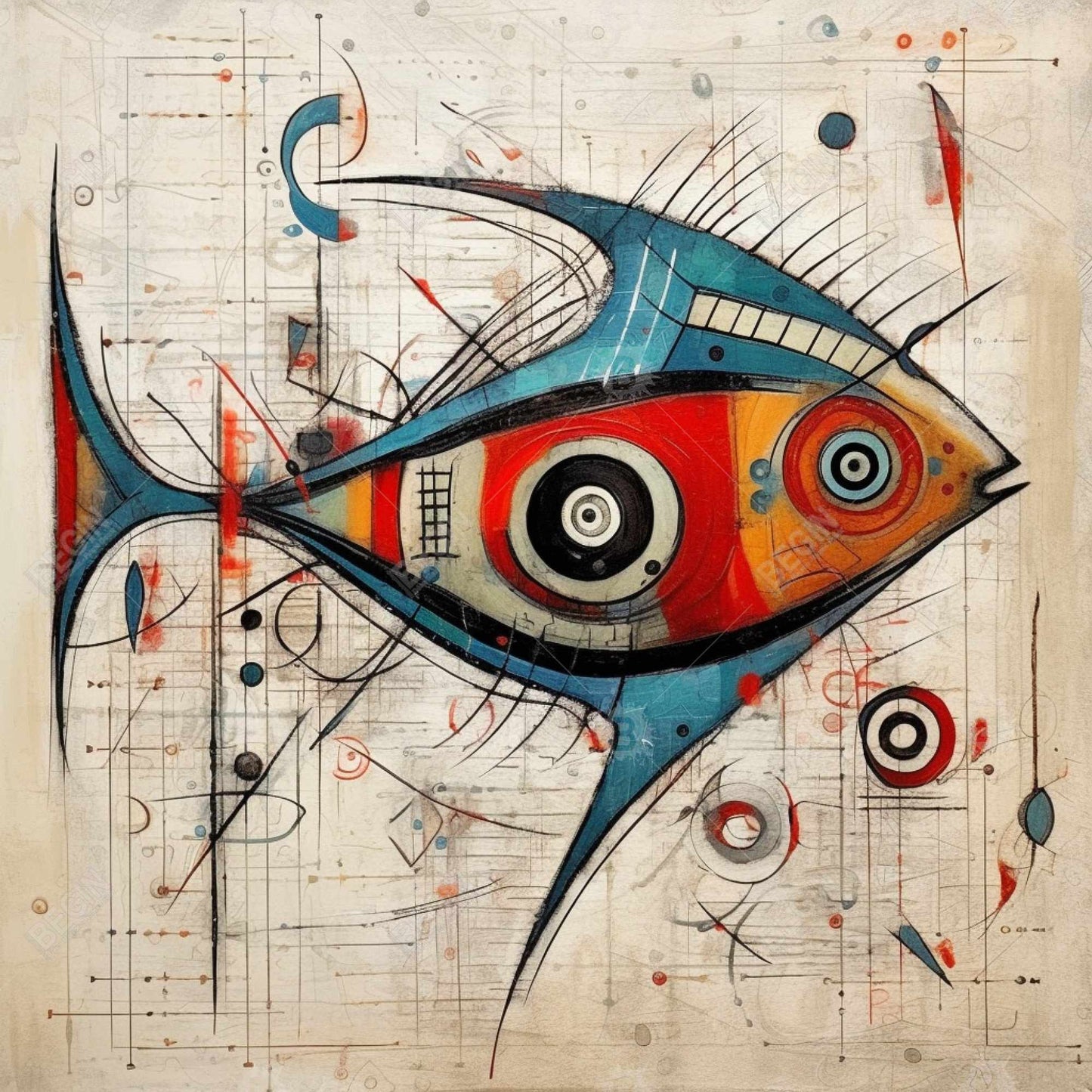 Abstract Fish Canvas | Blue Aquatic Animals Home Decor
