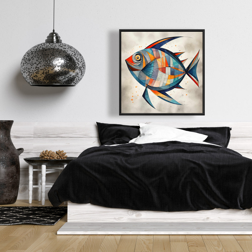 Geometric Fish Framed Canvas | Blue Aquatic Bedroom Decor