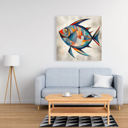Geometric Fish Blue Canvas - Aquatic Animal Bedroom Decor