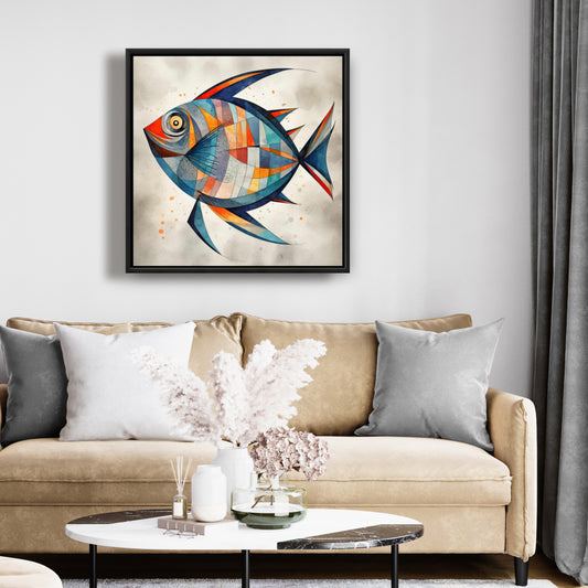 Geometric Fish Framed Canvas | Blue Aquatic Bedroom Decor