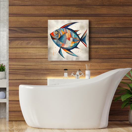 Geometric Fish Blue Canvas - Aquatic Animal Bedroom Decor