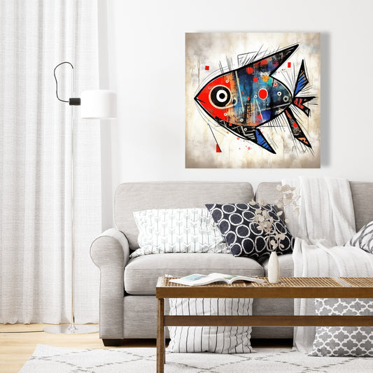Toile minimaliste bleue « Regard de poisson » – Décoration murale pour chambre à coucher