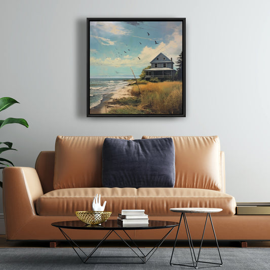 Evening at the Beach - Blue Coastal Sea Framed Canvas Decor