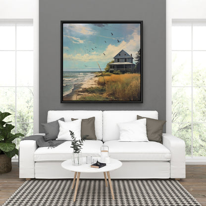 Evening at the Beach - Blue Coastal Sea Framed Canvas Decor