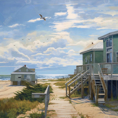 Peaceful House - Blue Sea Contemporary Framed Canvas Decor