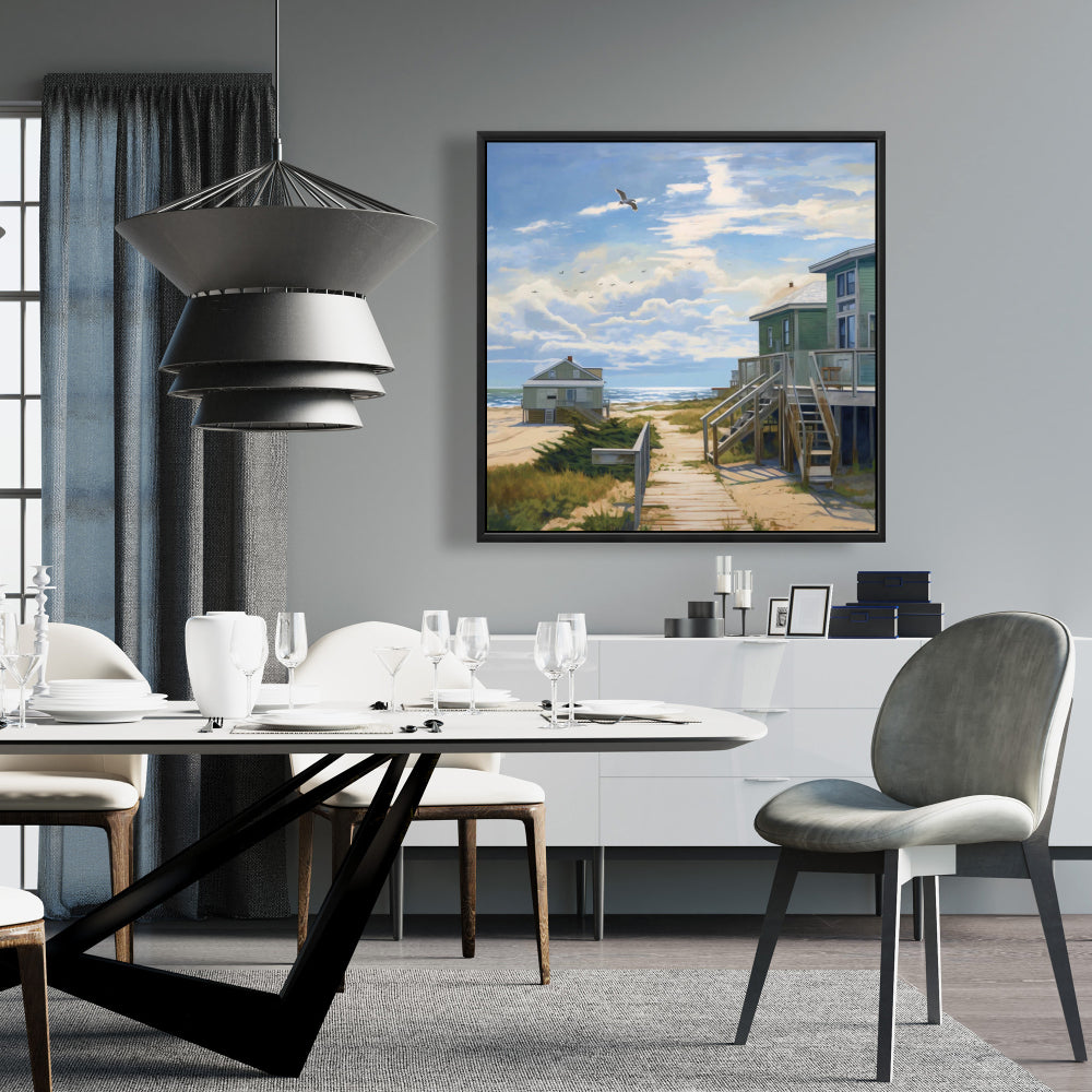 Peaceful House - Blue Sea Contemporary Framed Canvas Decor