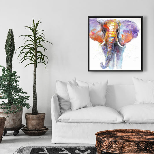 Éléphant marchant coloré | Toile encadrée violette pour chambre