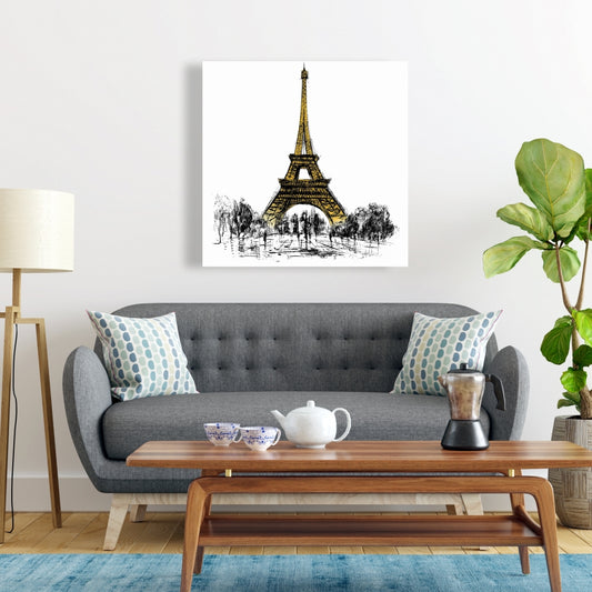 Outline of Eiffel Tower Yellow Canvas | Trees Street Home Decor